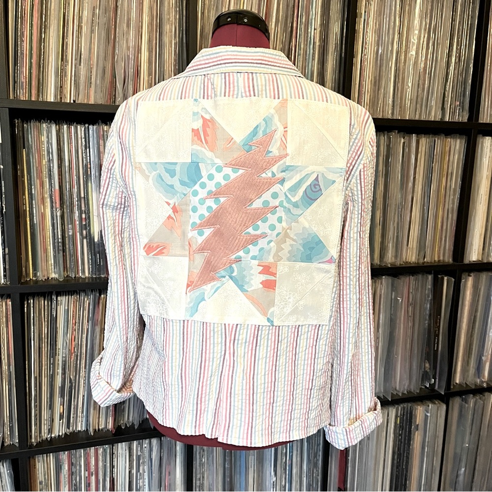 seersucker jacket pastel rainbow quilt block stealie bolt grateful dead 🩷⚡️🩵